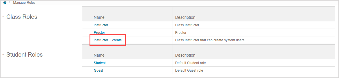 The instructor+create role is highlighted in the table of Role Manager roles.